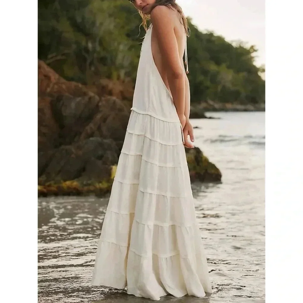 NWT Free People Somewhere Sunny Halter Maxi Dress White Swan Medium